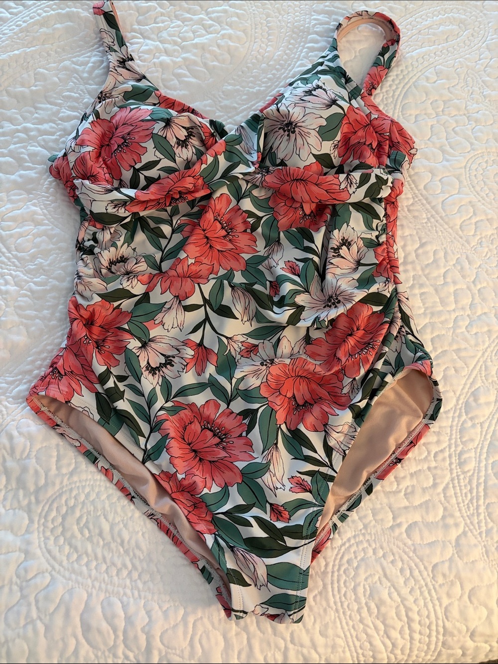 Kona Sol Coral & Green Floral One-Piece Swimsuit